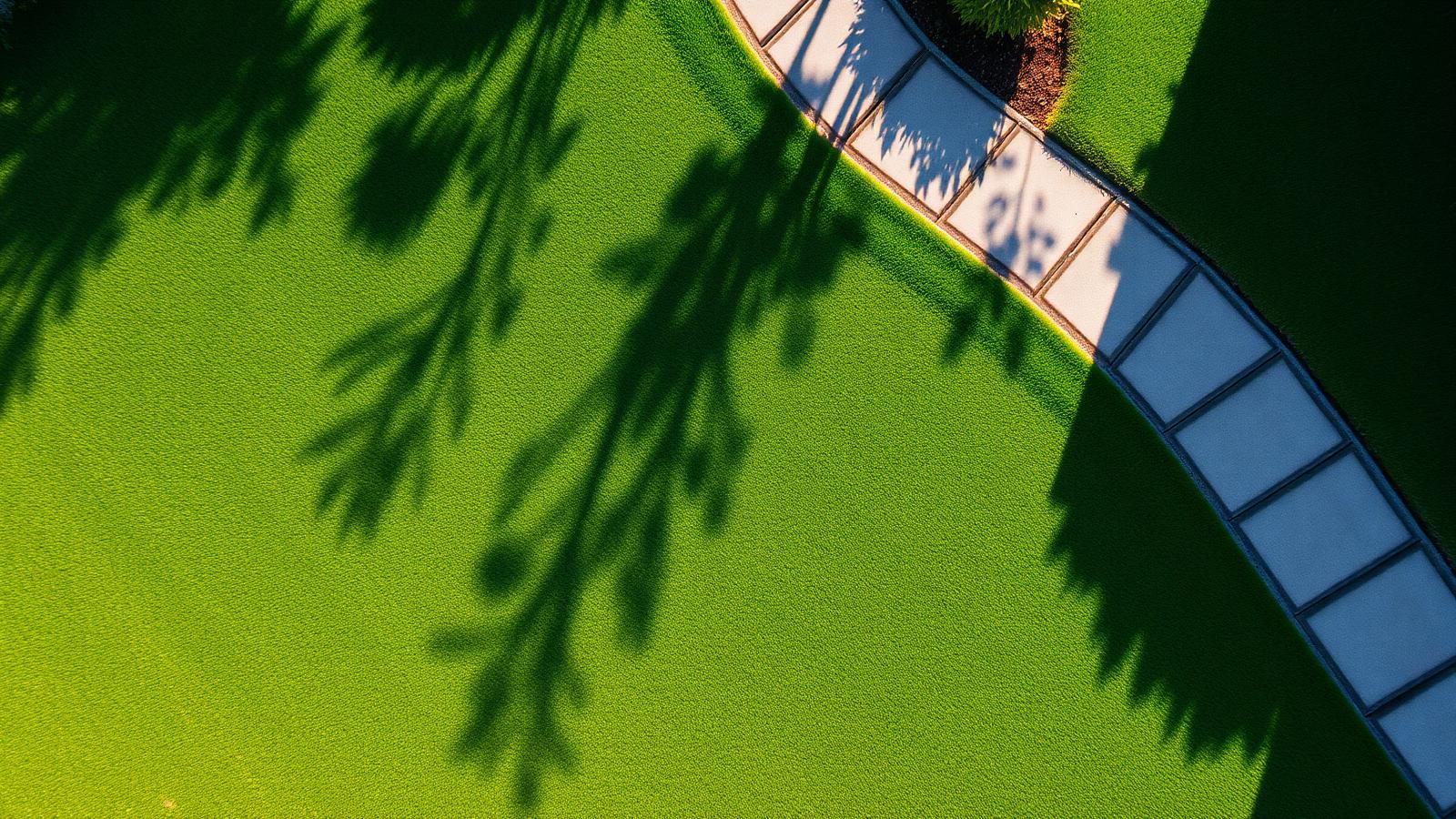 Overhead view of a well-maintained residential lawn beside a paved garden path