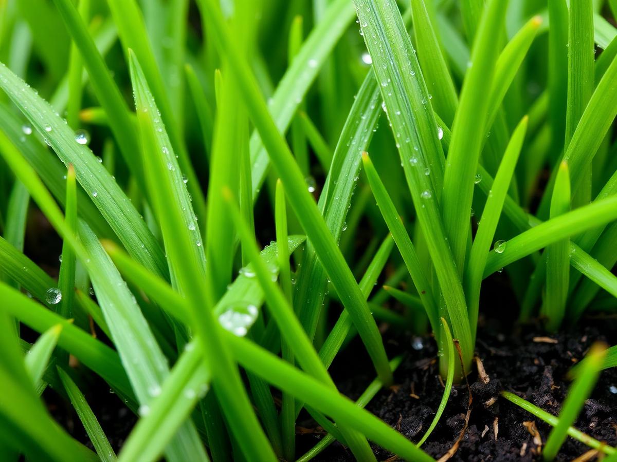 Close-up of dense green turf blades with morning dew and dark healthy soil beneath