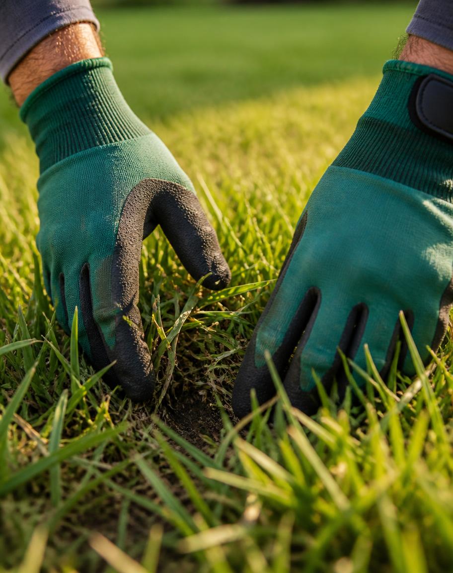 Gloved hands parting green grass blades to inspect turf density and soil condition